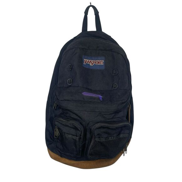 Vtg JANSPORT Backpack Original Suede Leather Btm Full Size 4 Pocket Black RARE - Picture 1 of 6